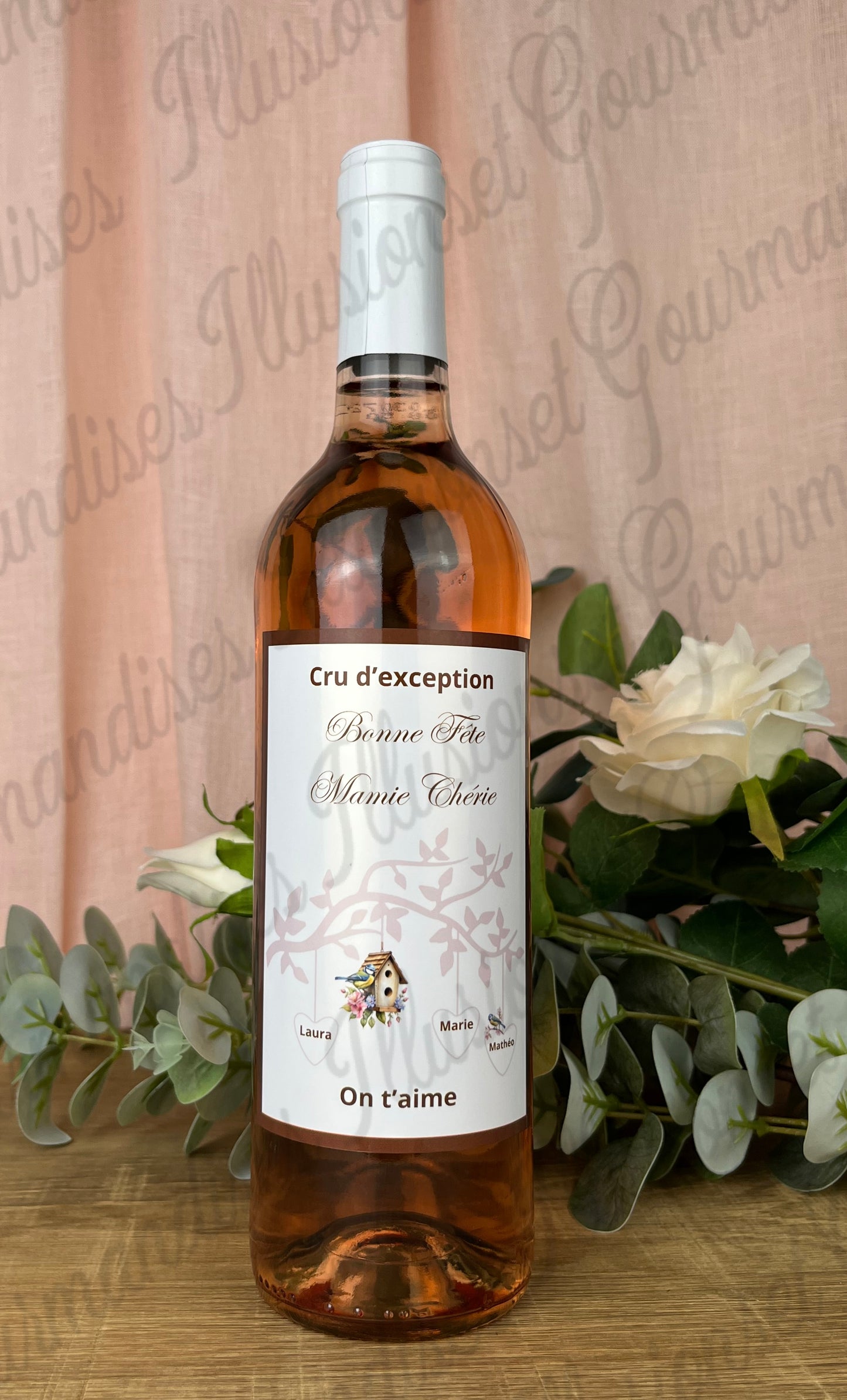 ETIQUETTE BOUTEILLE DE VIN BONNE FETE MAMIE BRANCHE PETITS ENFANTS