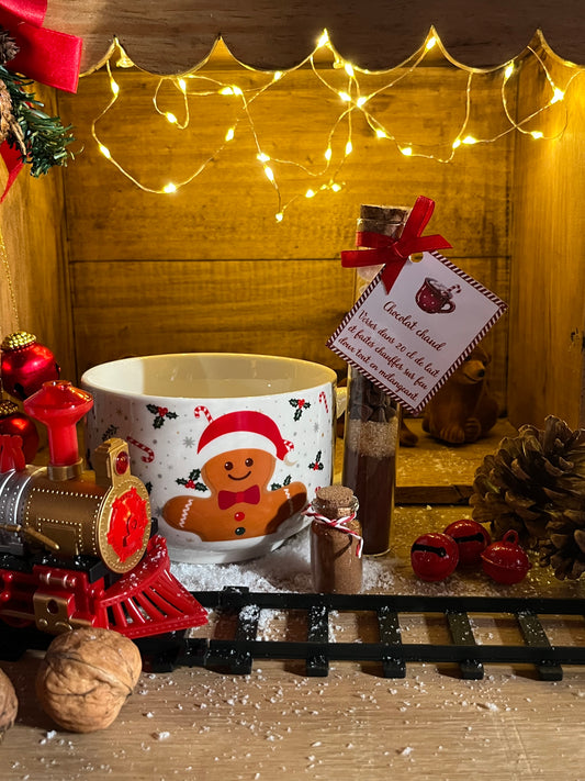 MUG/BOL AVEC FIOLE POUR PRÉPARATION DE CHOCOLAT CHAUD (bonhomme pain d'épices)